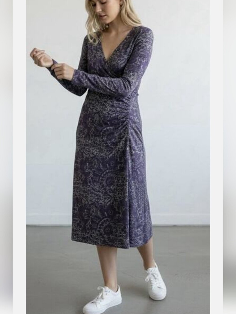 Soft Surroundings Midnight Blue Floral-Print Long Sleeve Wrap Dress